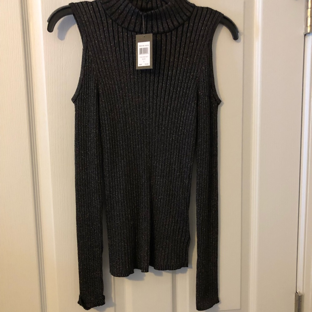 Verve Ami Black Metallic Cold Shoulder Long Sleeved Turtleneck Top Small NWT